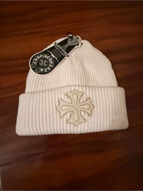 Chrome Hearts Cream Ribbed Beanie with Cross Patch